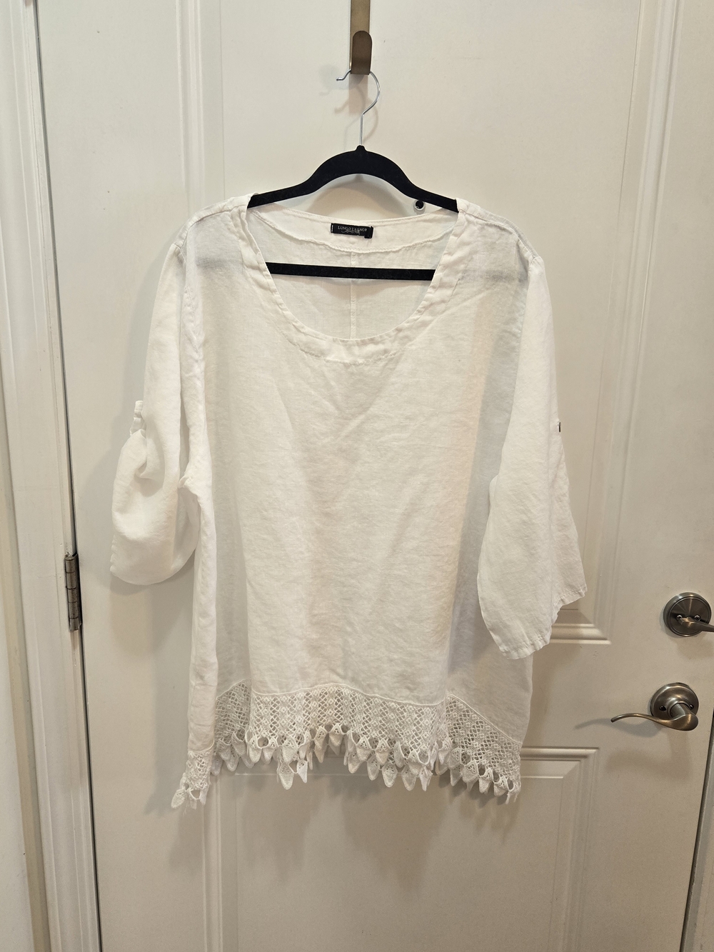 Lungo L'Arno White Linen Blouse Top Crochet Lace Fringe Made in Italy Plus 3X